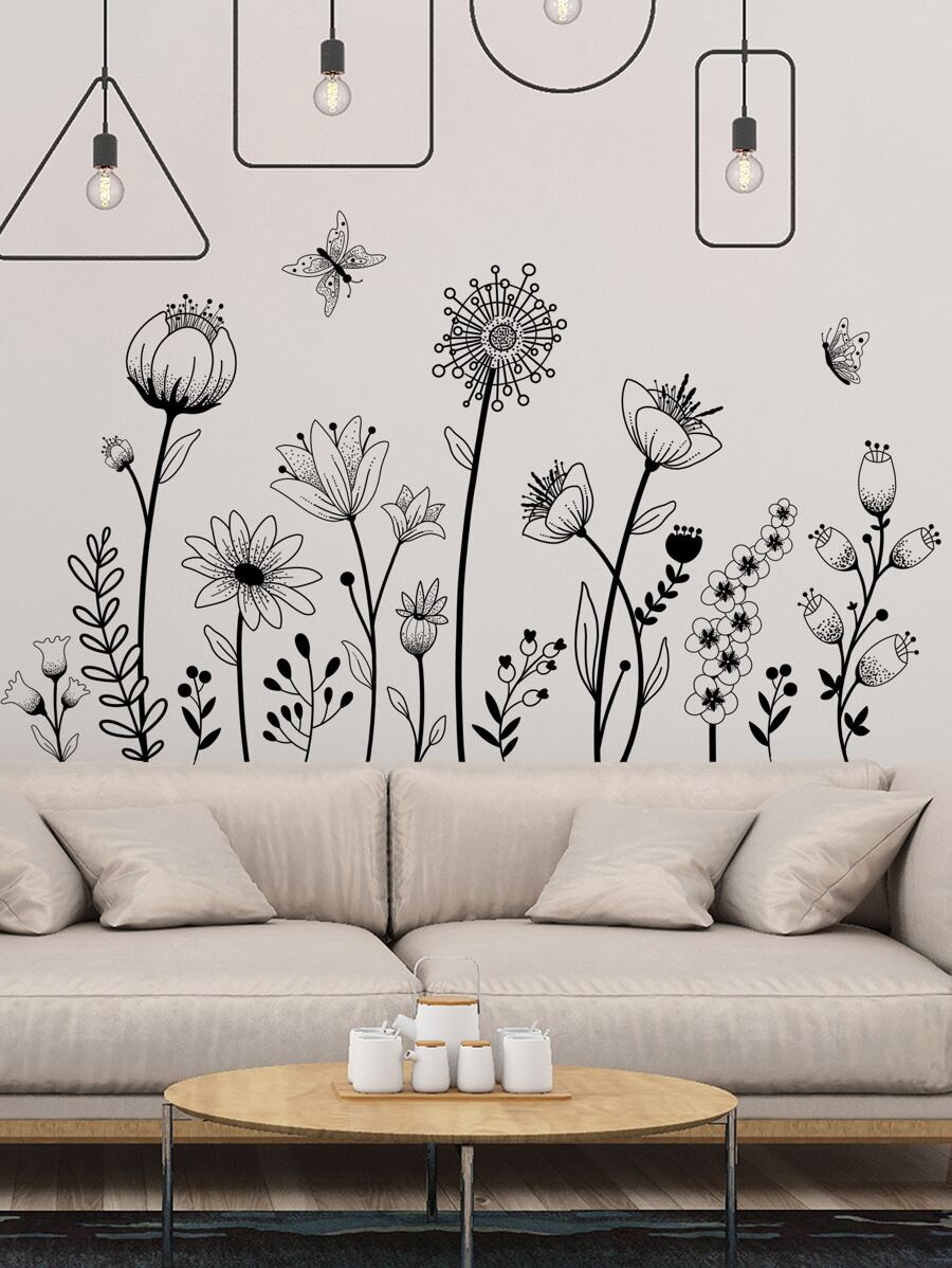 2入組/套PVC花卉圖案牆貼花 - 黑色 - 查看 1