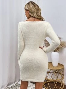 SHEIN LUNE Boat Neck Fluffy Knit Jumper Dress Without Belt - Beige - View 2