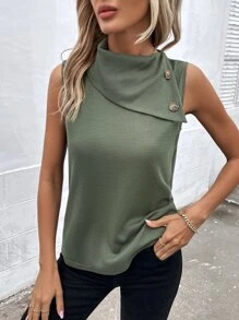 Ellegaria. Mock Neck Button Detail Tank Top - Army Green - View 4