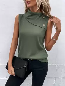 Ellegaria. Mock Neck Button Detail Tank Top - Army Green - View 5
