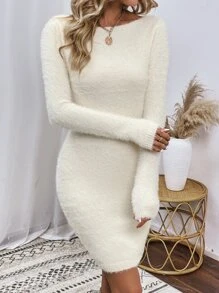 SHEIN LUNE Boat Neck Fluffy Knit Jumper Dress Without Belt - Beige - View 4