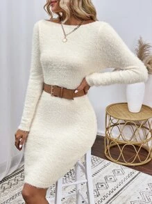 SHEIN LUNE Boat Neck Fluffy Knit Jumper Dress Without Belt - Beige - View 5