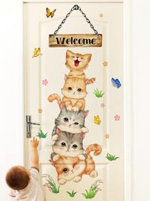 1pc Cat & Butterfly Pattern Door Sticker, Cartoon Cute Adhesive Wall Sticker For Home Decor, Stickers, Wall Decal, Vinyl Decal For Home Decorations, Spring Decoration Items Refresh Your Home, Rama Decoration Stickers Gifts Birthday Graduation - Multicolor - View 4