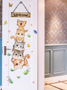 1pc Cat & Butterfly Pattern Door Sticker, Cartoon Cute Adhesive Wall Sticker For Home Decor, Stickers, Wall Decal, Vinyl Decal For Home Decorations, Spring Decoration Items Refresh Your Home, Rama Decoration Stickers Gifts Birthday Graduation - Multicolor - View 5