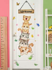 1pc Cat & Butterfly Pattern Door Sticker, Cartoon Cute Adhesive Wall Sticker For Home Decor, Stickers, Wall Decal, Vinyl Decal For Home Decorations, Spring Decoration Items Refresh Your Home, Rama Decoration Stickers Gifts Birthday Graduation - Multicolor - View 6