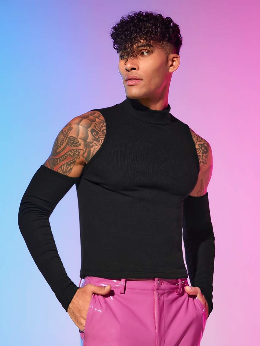 FeverCity Men Cold Shoulder Solid Tee - Black - View 1