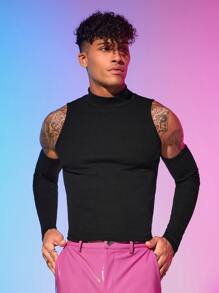 FeverCity Men Cold Shoulder Solid Tee - Black - View 2