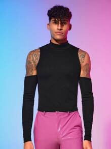 FeverCity Men Cold Shoulder Solid Tee - Black - View 5