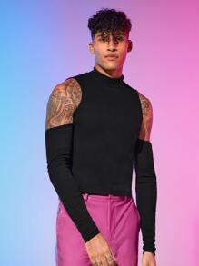 FeverCity Men Cold Shoulder Solid Tee - Black - View 6