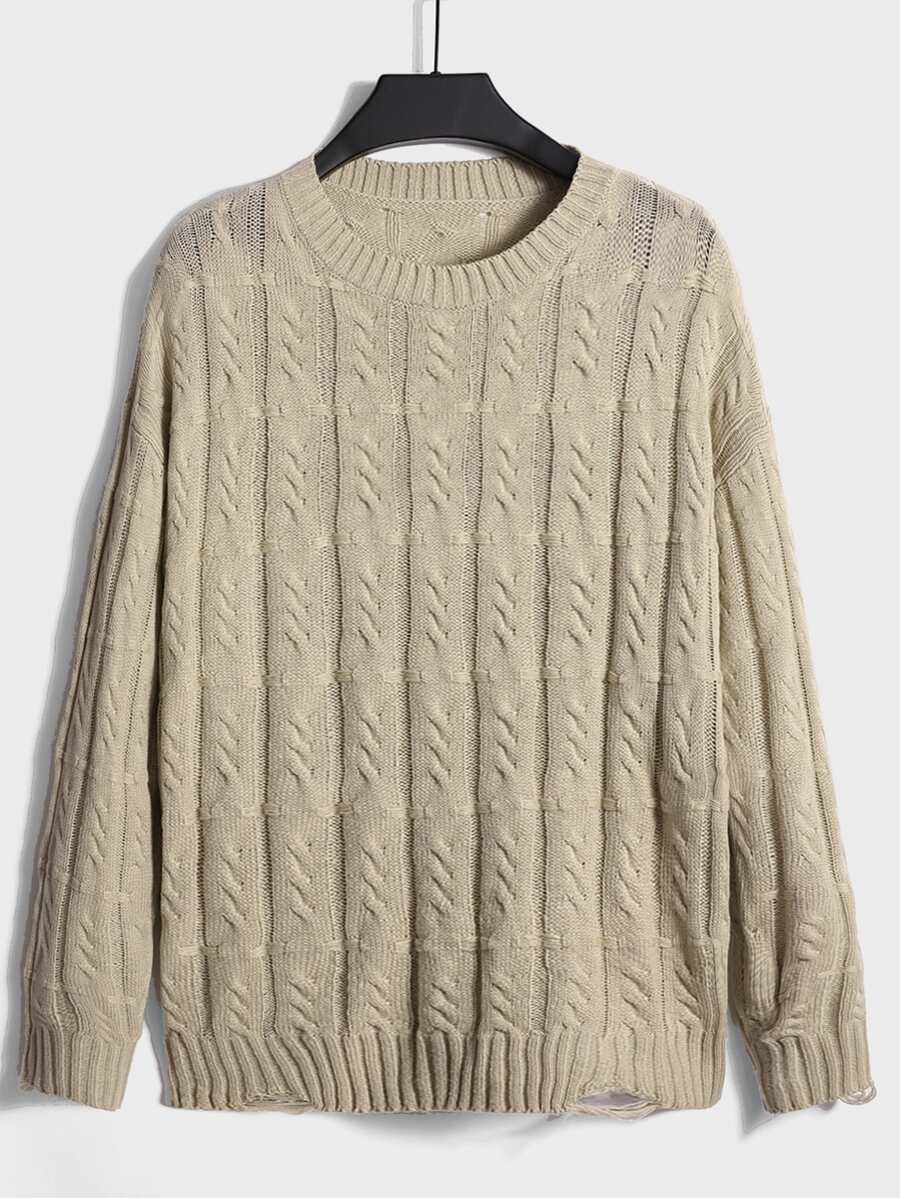 ROMWE MEN Guys Cable Knit Drop Shoulder Sweater - Khaki - View 1