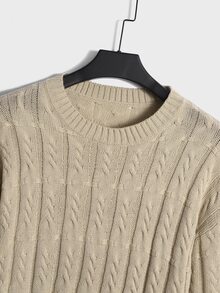 ROMWE MEN Guys Cable Knit Drop Shoulder Sweater - Khaki - View 3