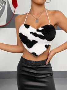 SHEIN ICON 奶牛圖案後背繫帶頭巾下擺絨布繞頸短上衣 - 黑與白 - 查看 3