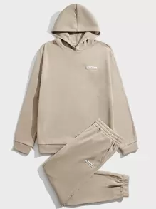 Manfinity VCAY Men Letter Patched Hoodie & Joggers Set - Khaki - View 1