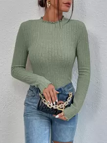 SHEIN Essnce Lettuce Trim Ribbed Knit Bodysuit - Green - View 1