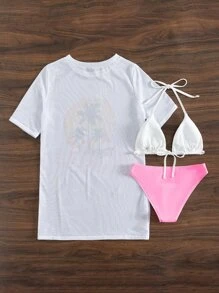Tropical Print Halter Triangle Summer Beach Bikini Set With Cover Up - Multicolor - View 2