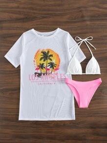 Tropical Print Halter Triangle Summer Beach Bikini Set With Cover Up - Multicolor - View 4