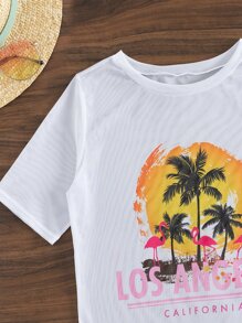 Tropical Print Halter Triangle Summer Beach Bikini Set With Cover Up - Multicolor - View 5