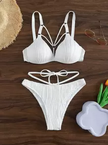 Conjunto de bikini de verano con aros y diseño de anilla para la playa - Blanco - Ver 5