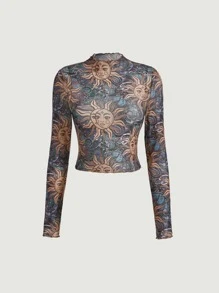 SHEIN MOD Sun & Moon Print Lettuce Trim Mock Neck Crop Top - Multicolor - View 2