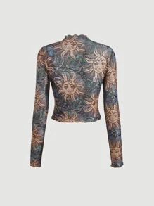 SHEIN MOD Sun & Moon Print Lettuce Trim Mock Neck Crop Top - Multicolor - View 9