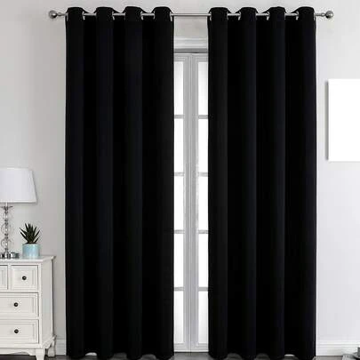 1pc Solid Color Polyester Curtains, Energy Blackout Light Blocking Thermal Insulated Curtains For Kitchen, Dining Room, Living Room, Bedroom, Study Room In Black, Deep Grey