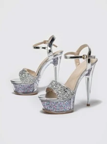 Women Metallic Sequin Decor Stiletto Heeled Sandals, Glamorous Silver Ankle Strap Sandals - Silver - View 3