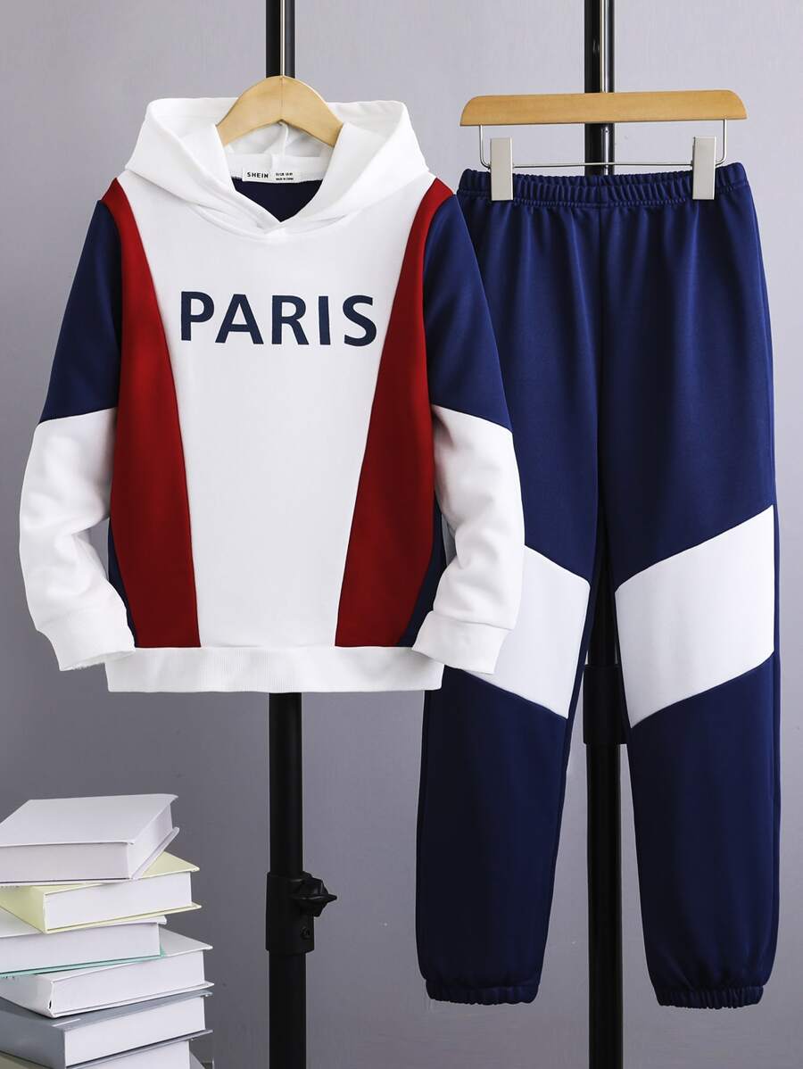 SHEIN Boys Letter Graphic Colourblock Hoodie & Joggers - Multicolor - View 1