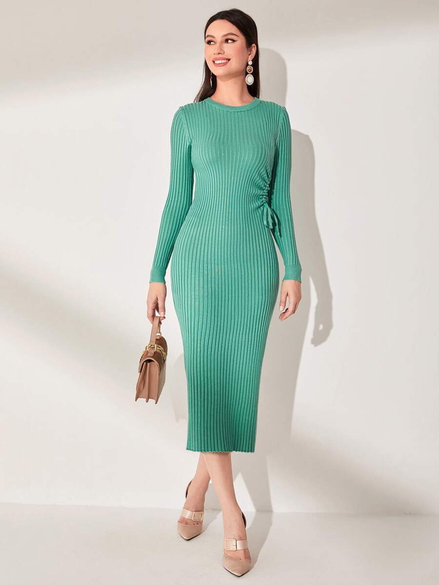 Modelyn Drawstring Side Ribbed Knit Jumper Dress - Mint Green - View 1