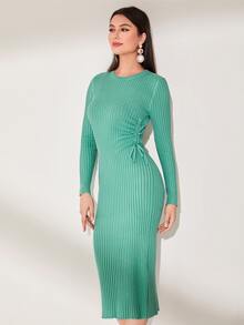 Modelyn Drawstring Side Ribbed Knit Jumper Dress - Mint Green - View 3