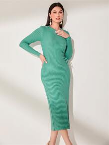 Modelyn Drawstring Side Ribbed Knit Jumper Dress - Mint Green - View 4
