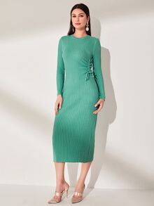Modelyn Drawstring Side Ribbed Knit Jumper Dress - Mint Green - View 6