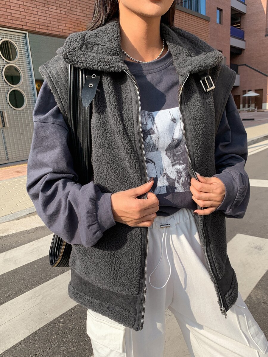 DAZY Zip Up Teddy Vest Coat - Dark Grey - View 1