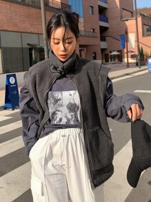 DAZY Zip Up Teddy Vest Coat - Dark Grey - View 3