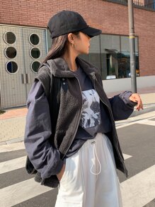 DAZY Zip Up Teddy Vest Coat - Dark Grey - View 4