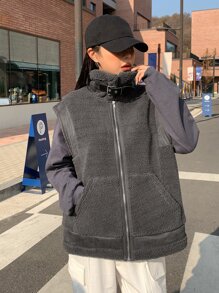 DAZY Zip Up Teddy Vest Coat - Dark Grey - View 6