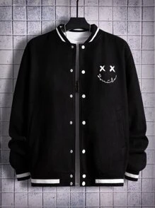 Manfinity Men Cartoon & Letter Graphic Striped Trim Bomber Jacket - Black - View 1