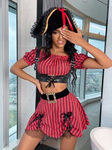 4 piezas Set disfraz de rayas con cordón delantero - Rojo - Ver 4