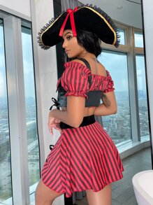 4 piezas Set disfraz de rayas con cordón delantero - Rojo - Ver 3