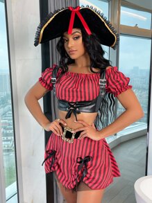 4 piezas Set disfraz de rayas con cordón delantero - Rojo - Ver 1