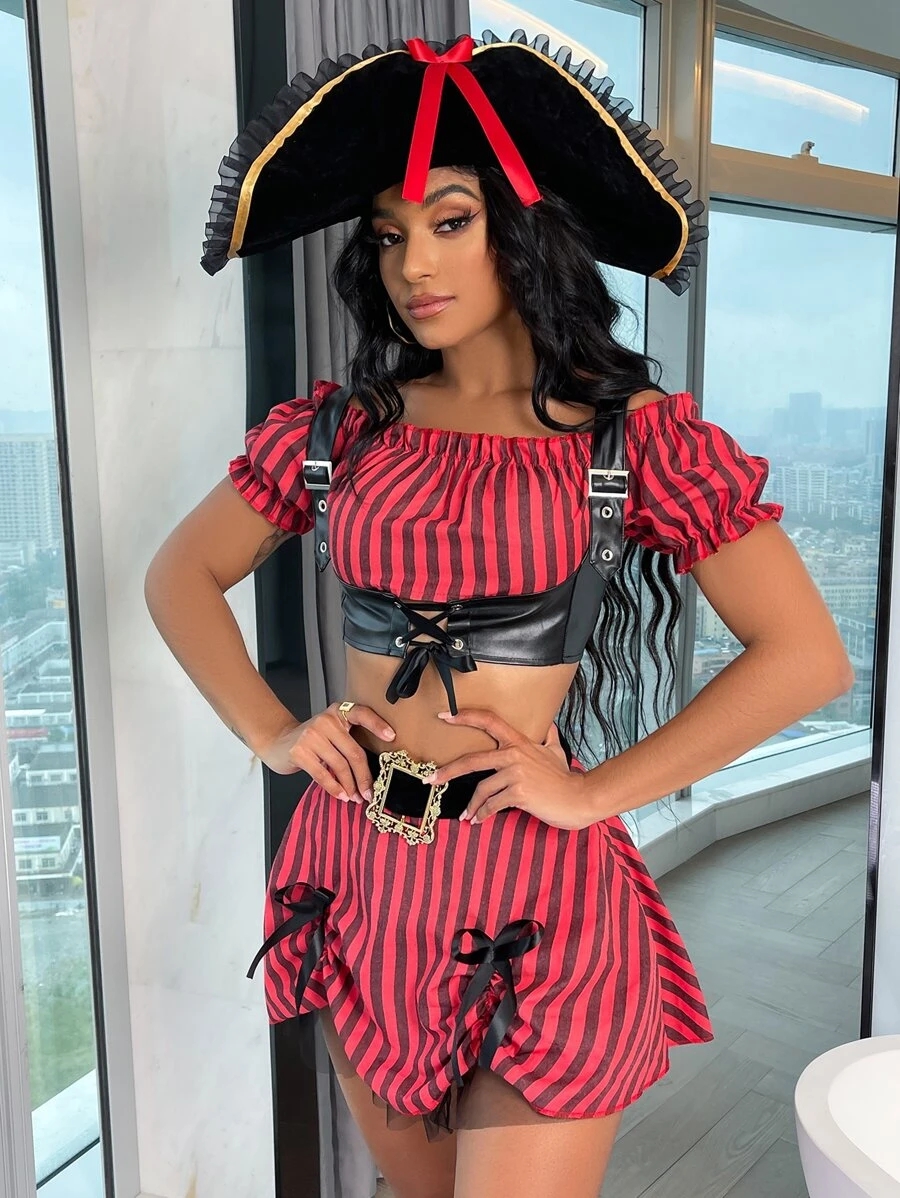 4 piezas Set disfraz de rayas con cordón delantero - Rojo - Ver 1