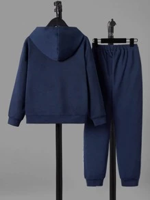 SHEIN Boys Letter Graphic Colourblock Hoodie & Joggers - Navy Blue - View 2