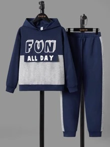 SHEIN Boys Letter Graphic Colourblock Hoodie & Joggers - Navy Blue - View 3