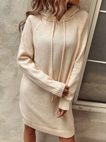 SHEIN LUNE Raglan Sleeve Drawstring Hooded Jumper Dress - Apricot - View 4