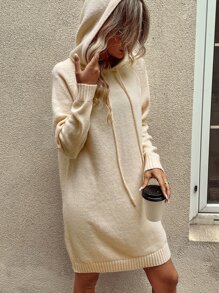 SHEIN LUNE Raglan Sleeve Drawstring Hooded Jumper Dress - Apricot - View 6