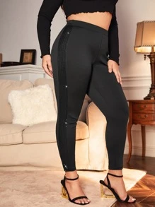 SHEIN Privé 大碼亮片細節緊身打底褲 - 黑色 - 查看 4