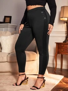 SHEIN Privé 大碼亮片細節緊身打底褲 - 黑色 - 查看 5