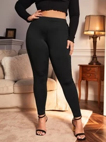 SHEIN Privé 大碼亮片細節緊身打底褲 - 黑色 - 查看 6