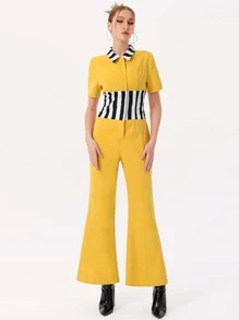 DAY LITE Striped Print Button Front Jumpsuit - Yellow - View 1