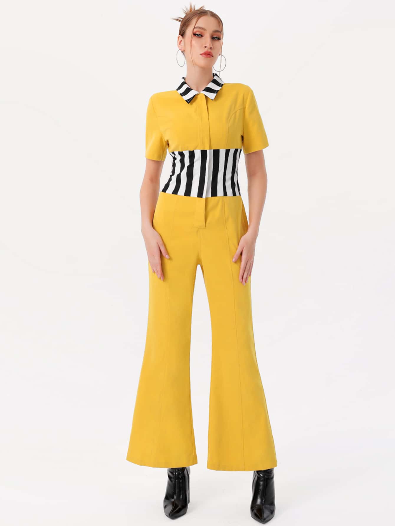 DAY LITE Striped Print Button Front Jumpsuit - Yellow - View 1