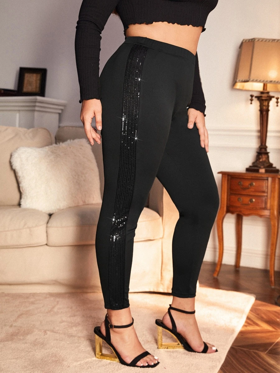 SHEIN Privé 大碼亮片細節緊身打底褲